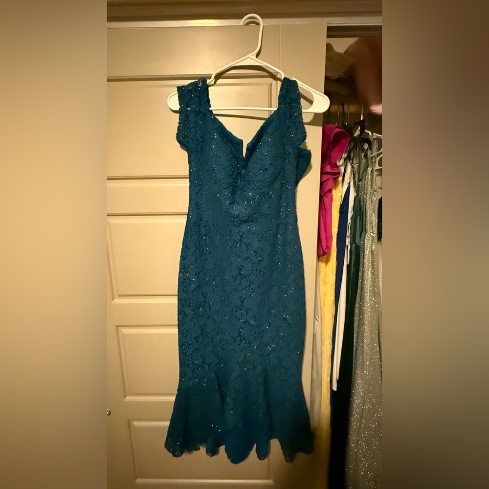 Betsy & Adam Teal Lace Sequin Midi Dress
